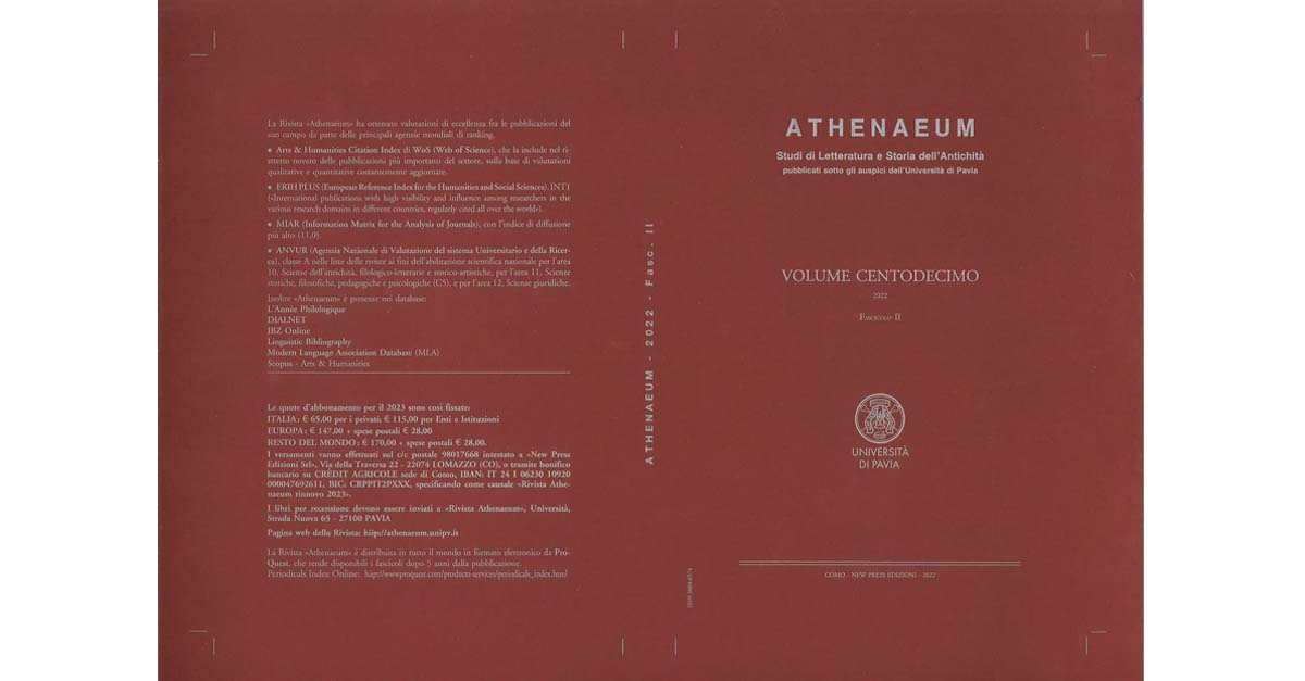 Uscito il 2° fascicolo dell'annata CX della ＂Rivista Athenaeum＂